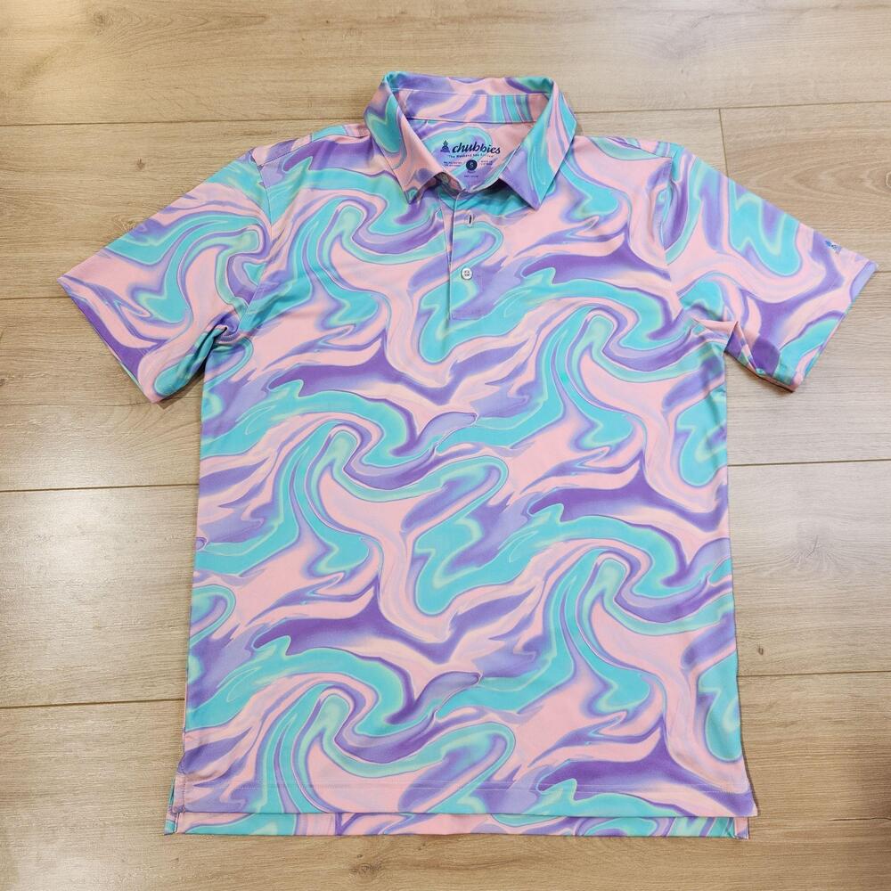 Chubbies Polo Shirt Mens Small Pink Purple Teal Swirl Print Stretch Casual